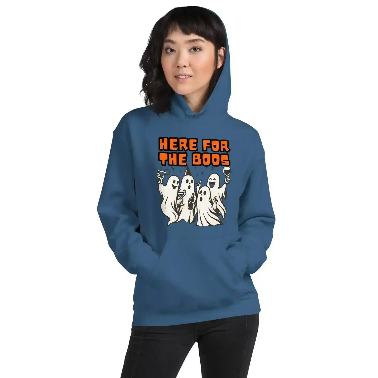 Here For The Boos Pullover Hoodie - Halloween Drinking Humor - Cady Creations