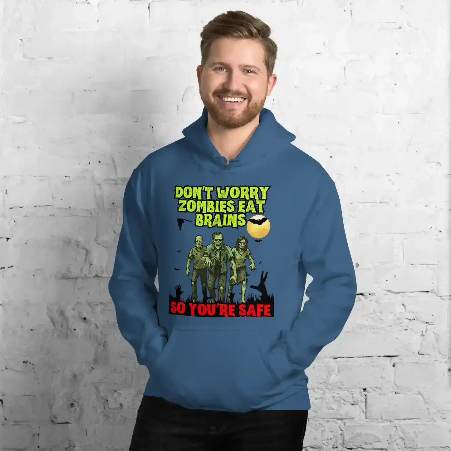 Don't Worry Zombies Eat Brains So You're Safe Pullover Hoodie - Halloween Insult Humor - Cady Creations