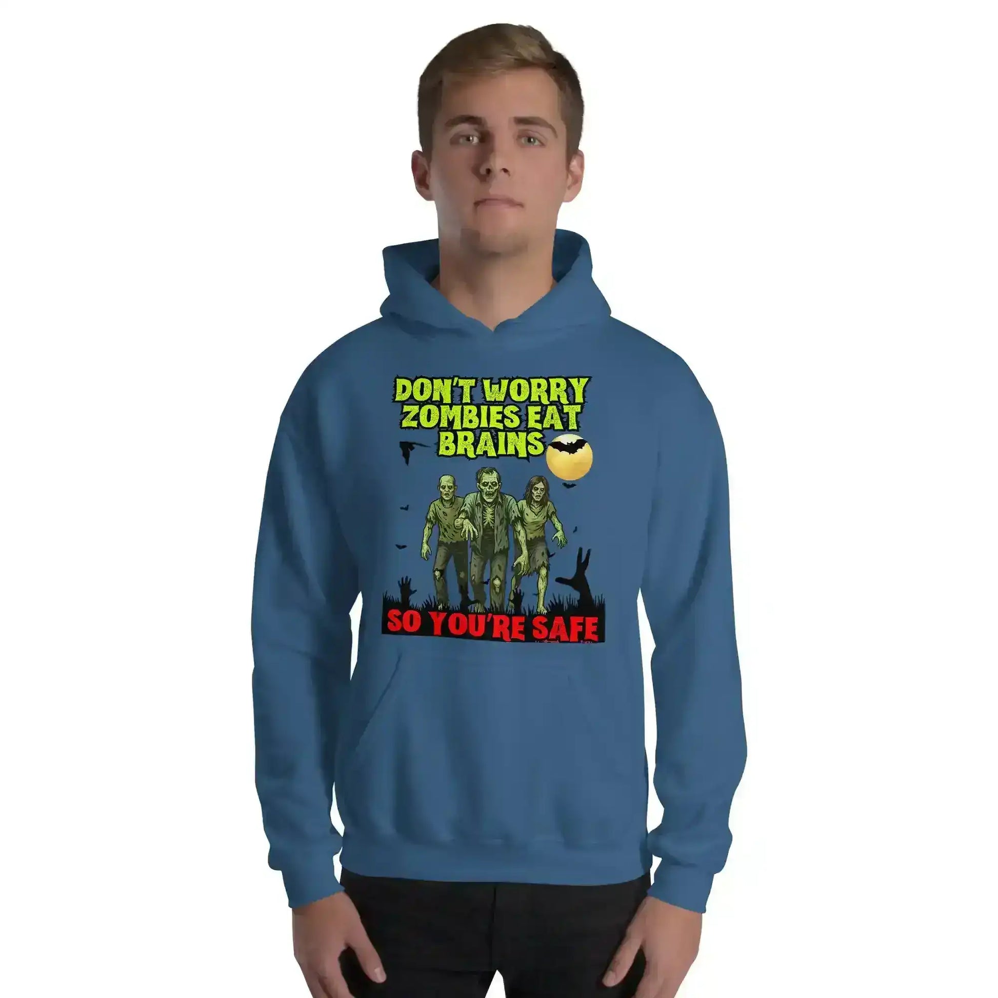Don't Worry Zombies Eat Brains So You're Safe Pullover Hoodie - Halloween Insult Humor - Cady Creations