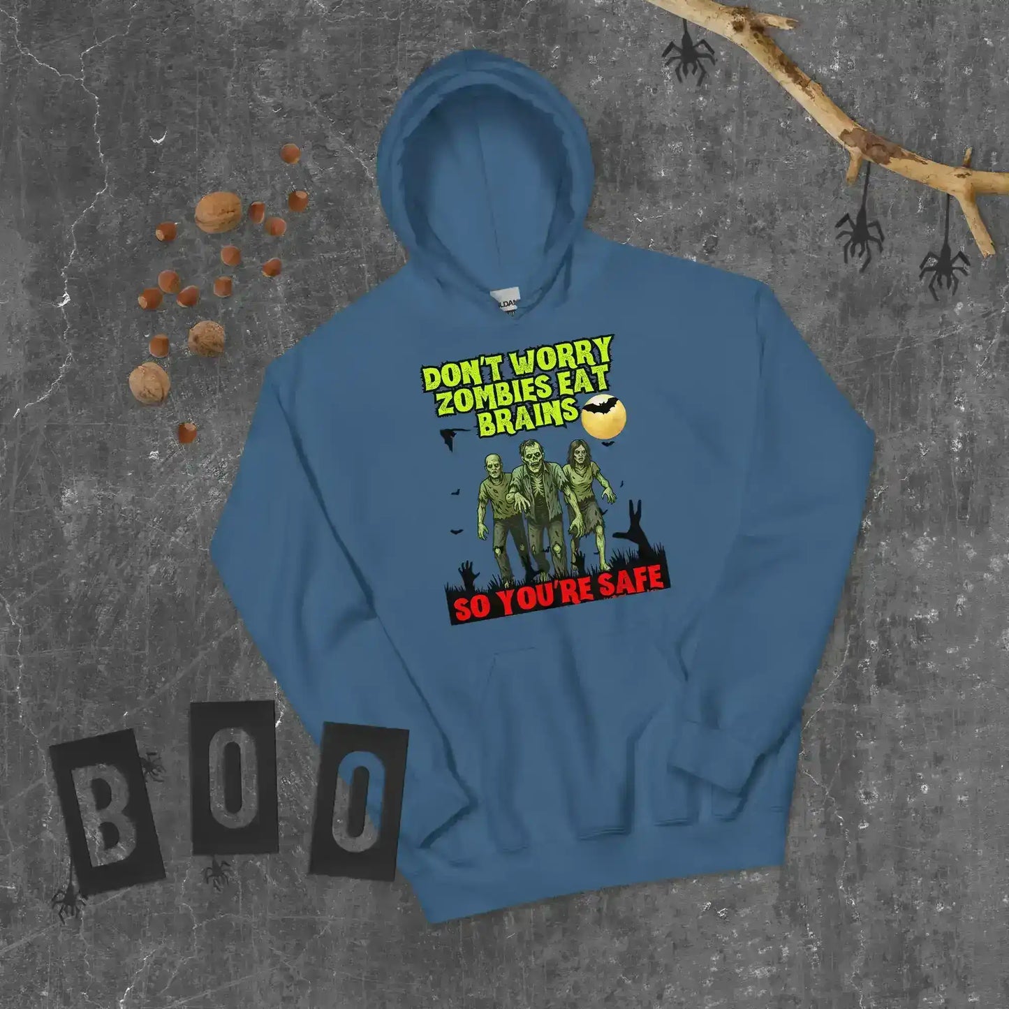 Don't Worry Zombies Eat Brains So You're Safe Pullover Hoodie - Halloween Insult Humor - Cady Creations