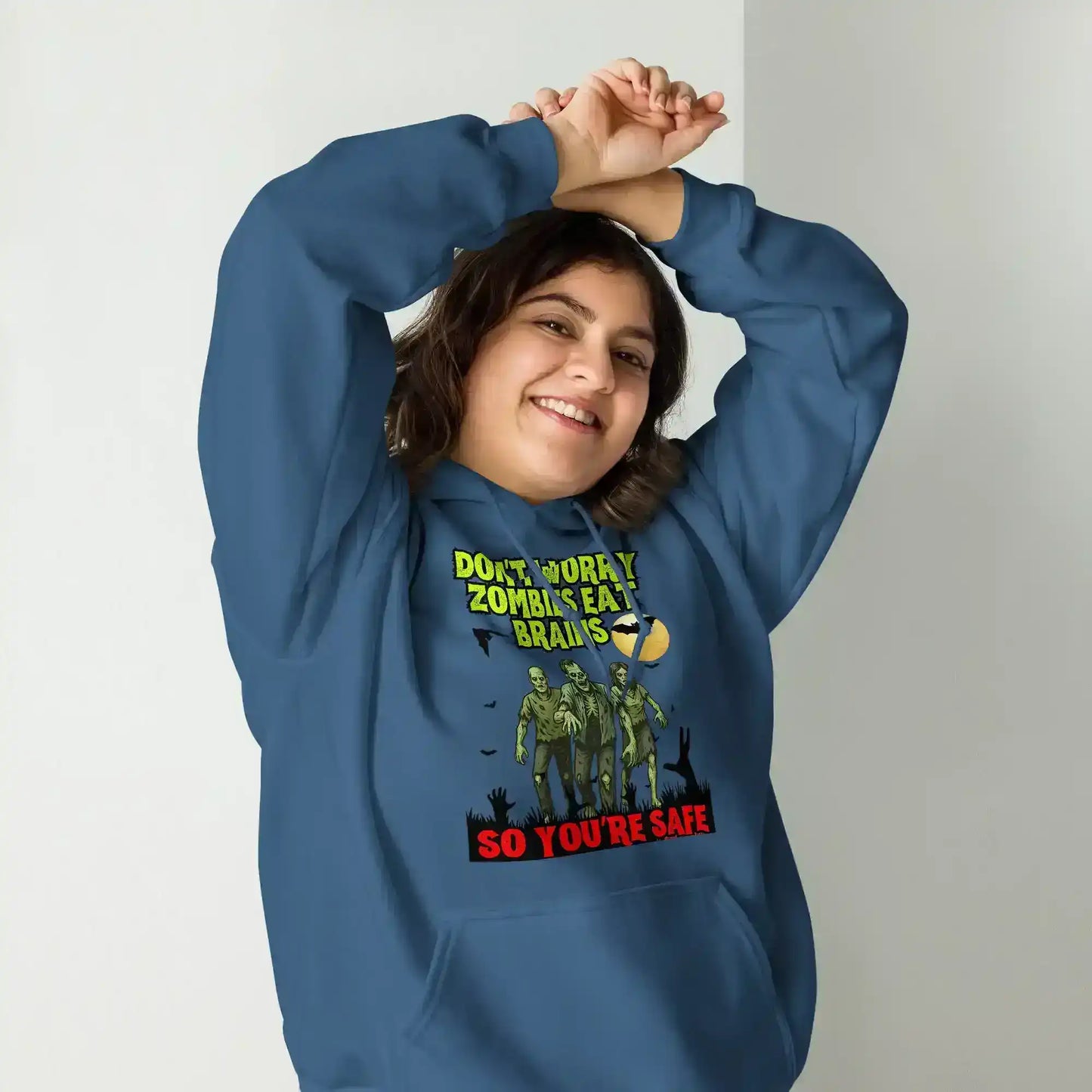 Don't Worry Zombies Eat Brains So You're Safe Pullover Hoodie - Halloween Insult Humor - Cady Creations