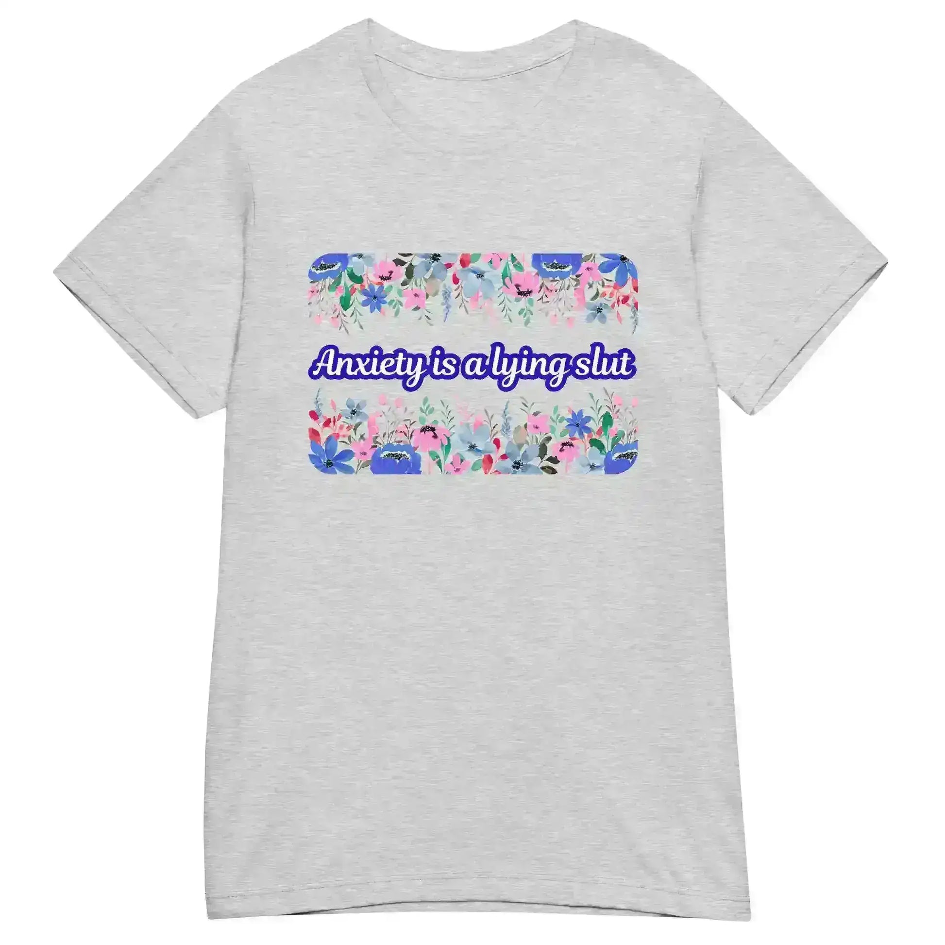 Light grey women's graphic tee with floral background and bold quirky text, Cady Creations