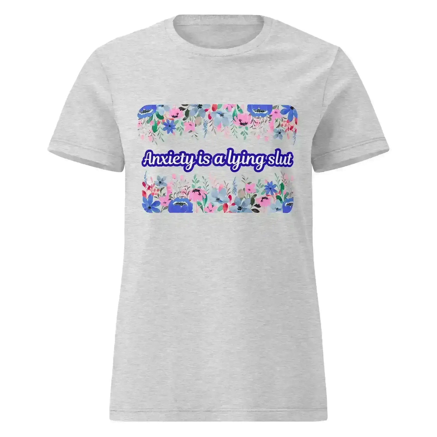 Light grey women's graphic tee with floral design and bold text, Cady Creations style