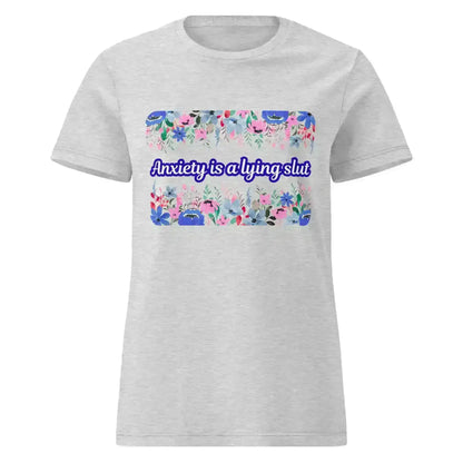 Light grey women's graphic tee with floral design and bold text, Cady Creations style