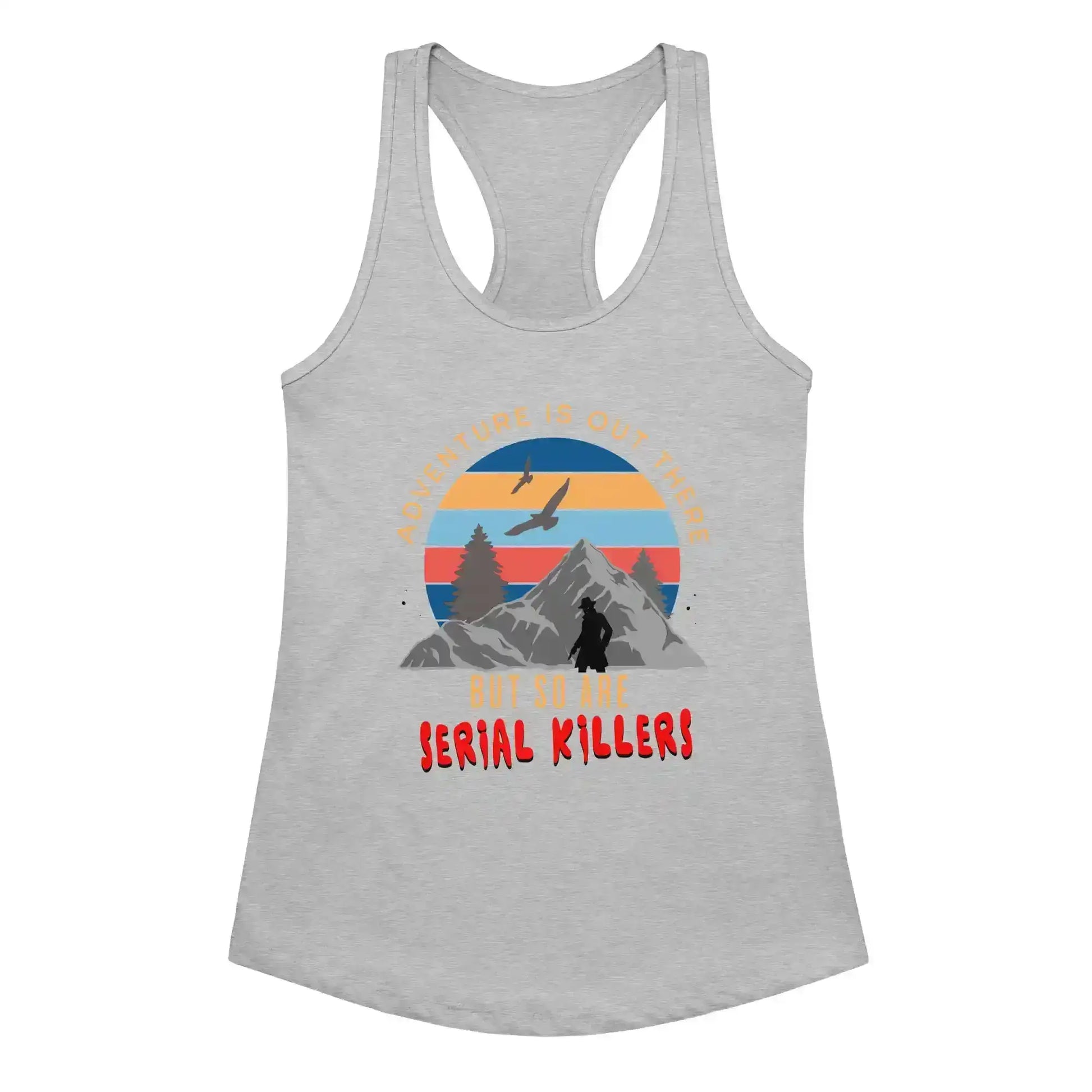 Heather gray women’s racerback tank top with mountains, sunset, and dark humor graphic text