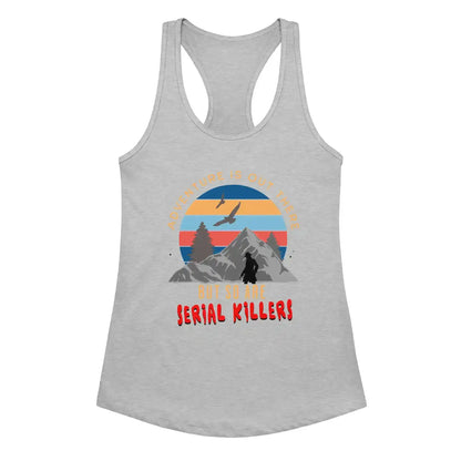 Heather gray women’s racerback tank top with mountains, sunset, and dark humor graphic text