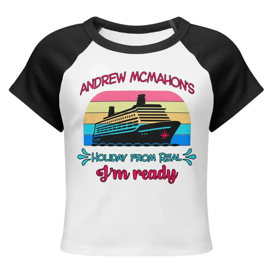 Women's black and white raglan baby tee with cruise ship and retro graphic text, Cady Creations