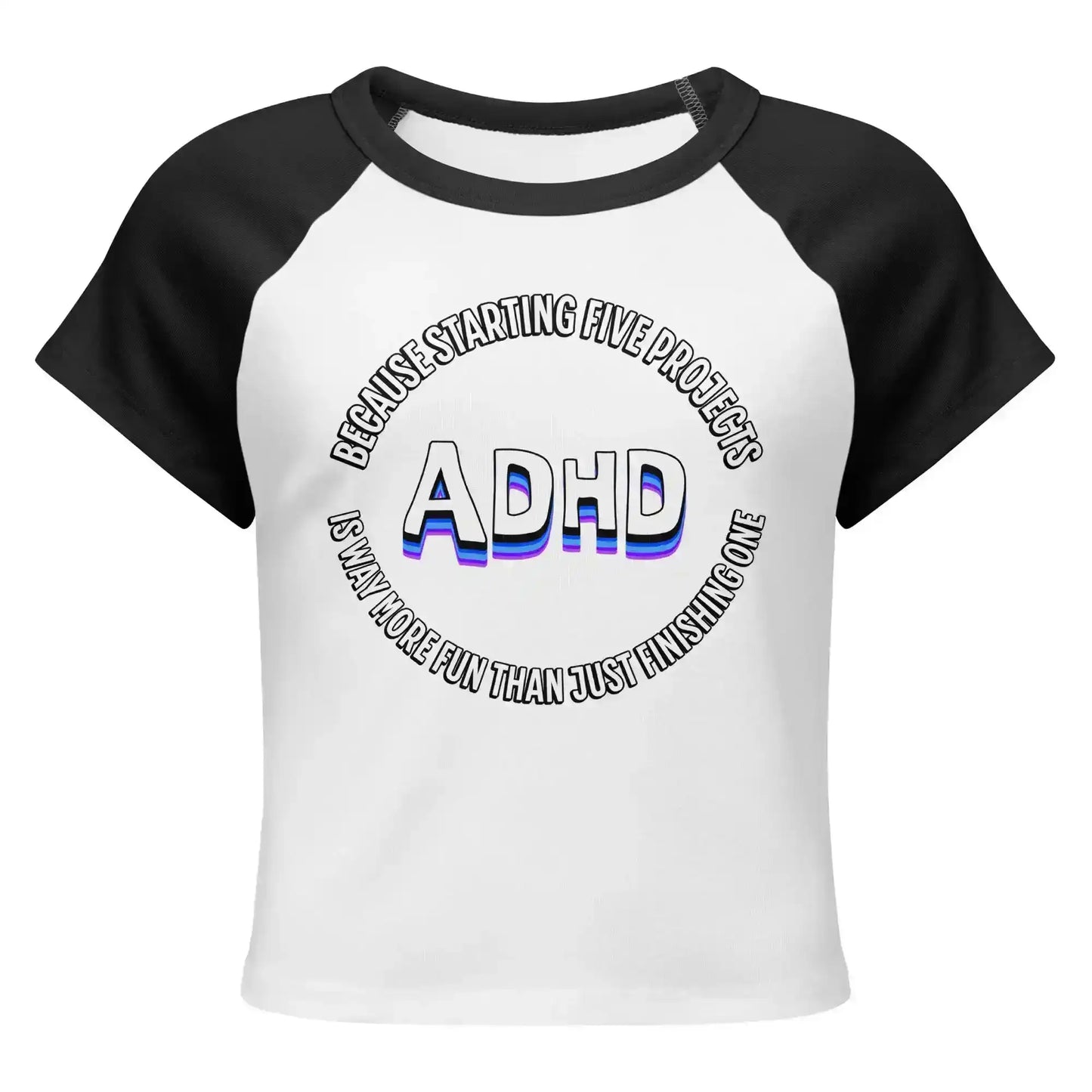 Women's micro rib raglan baby tee in white with black sleeves and ADHD graphic text, Cady Creations