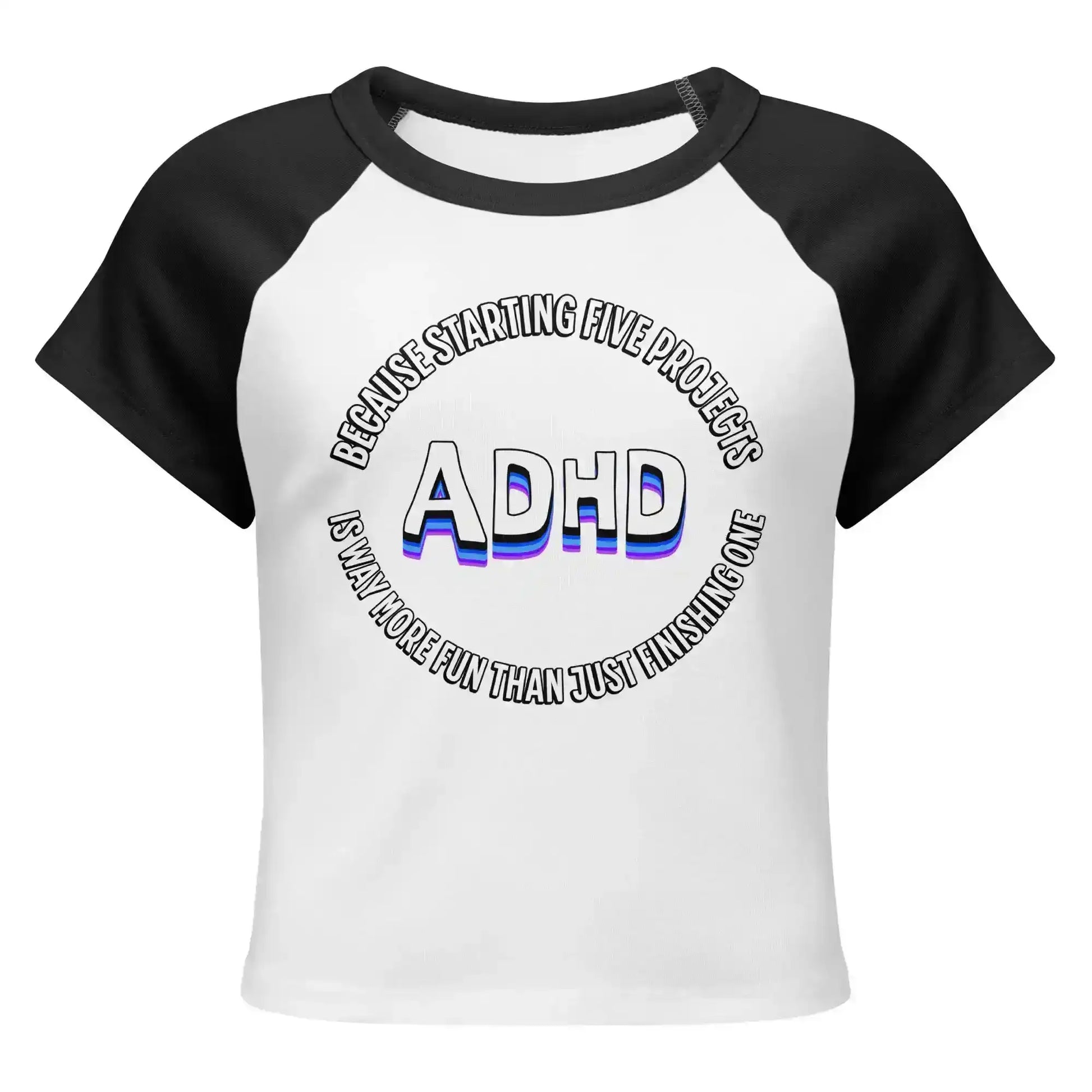 Women's micro rib raglan baby tee in white with black sleeves and ADHD graphic text, Cady Creations