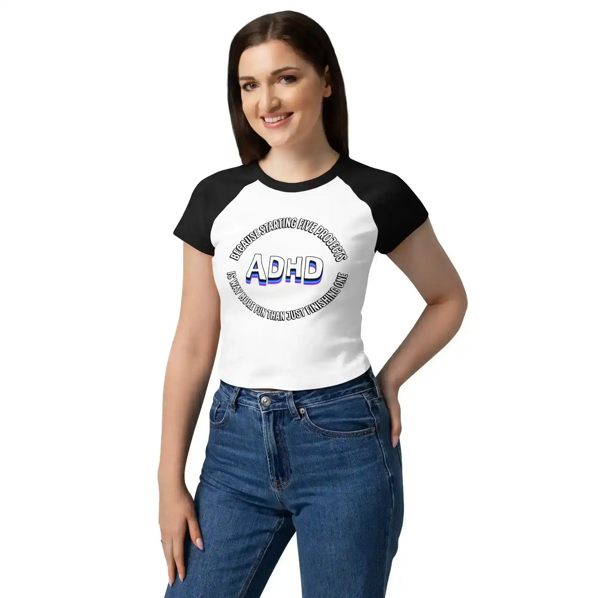 Woman in micro rib raglan baby tee with ADHD graphic, Cady Creations pop culture apparel
