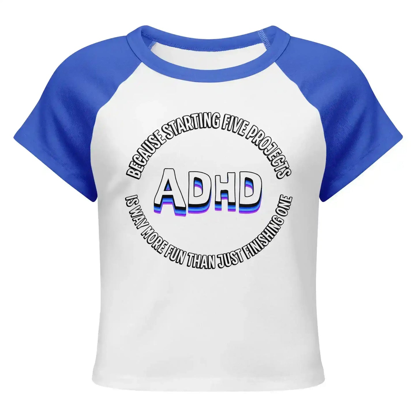 White and royal blue women's raglan baby tee with ADHD graphic text from Cady Creations.