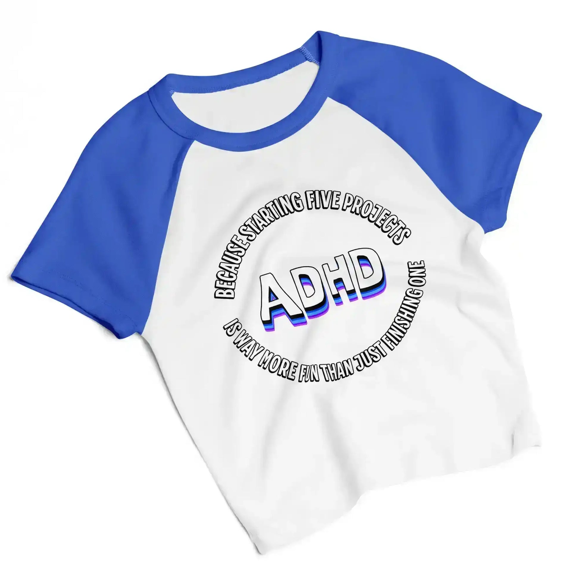 White and blue women's raglan baby tee with ADHD pop culture graphic text by Cady Creations