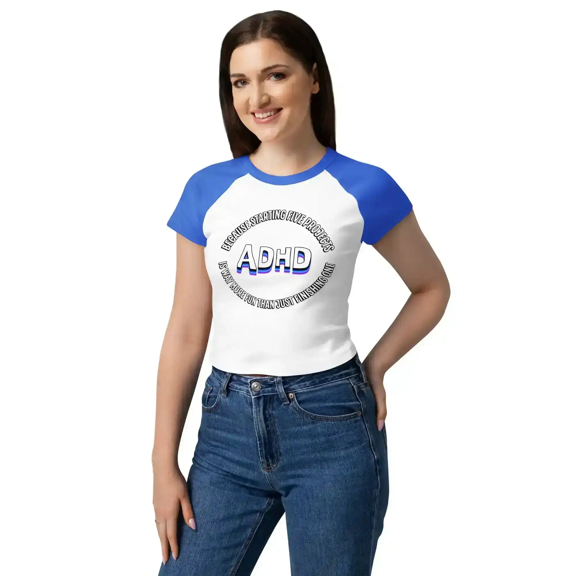 Woman in blue and white raglan baby tee with ADHD graphic text, Cady Creations apparel