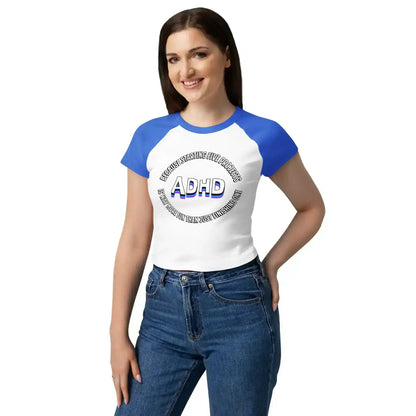 Woman in blue and white raglan baby tee with ADHD graphic text, Cady Creations apparel